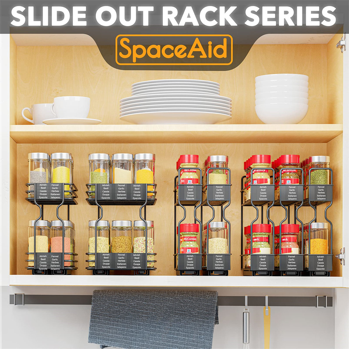 2-Tier Pull Out Spice Rack Organizer for Cabinet, Heavy Duty Slide Out Seasoning Organizer with Labels, 7.7"W x 10.75"D x 10"H, 3 Drawers
